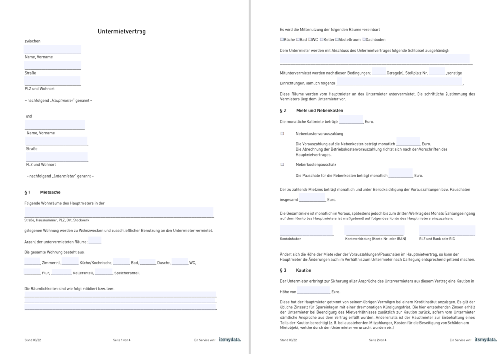 Untermietvertrag kostenlose PDF-Vorlage